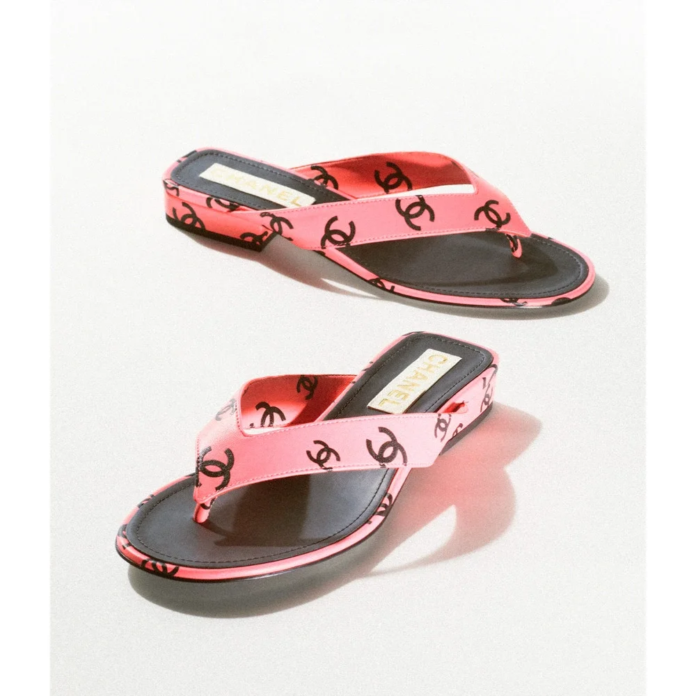 Chanel 22S Pink Black Printed Lambskin CC Logo Thong Flat Flip Flop Sandal 37 - Picture 5 of 12